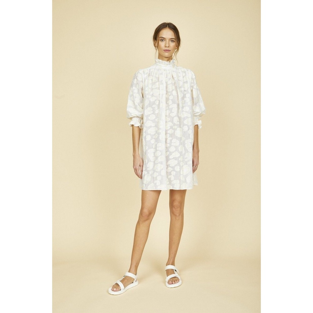 Hunter Bell Henley Mini Dress Small Ivory‎ Cheetah Sheer Ruffle Prairie Cottage